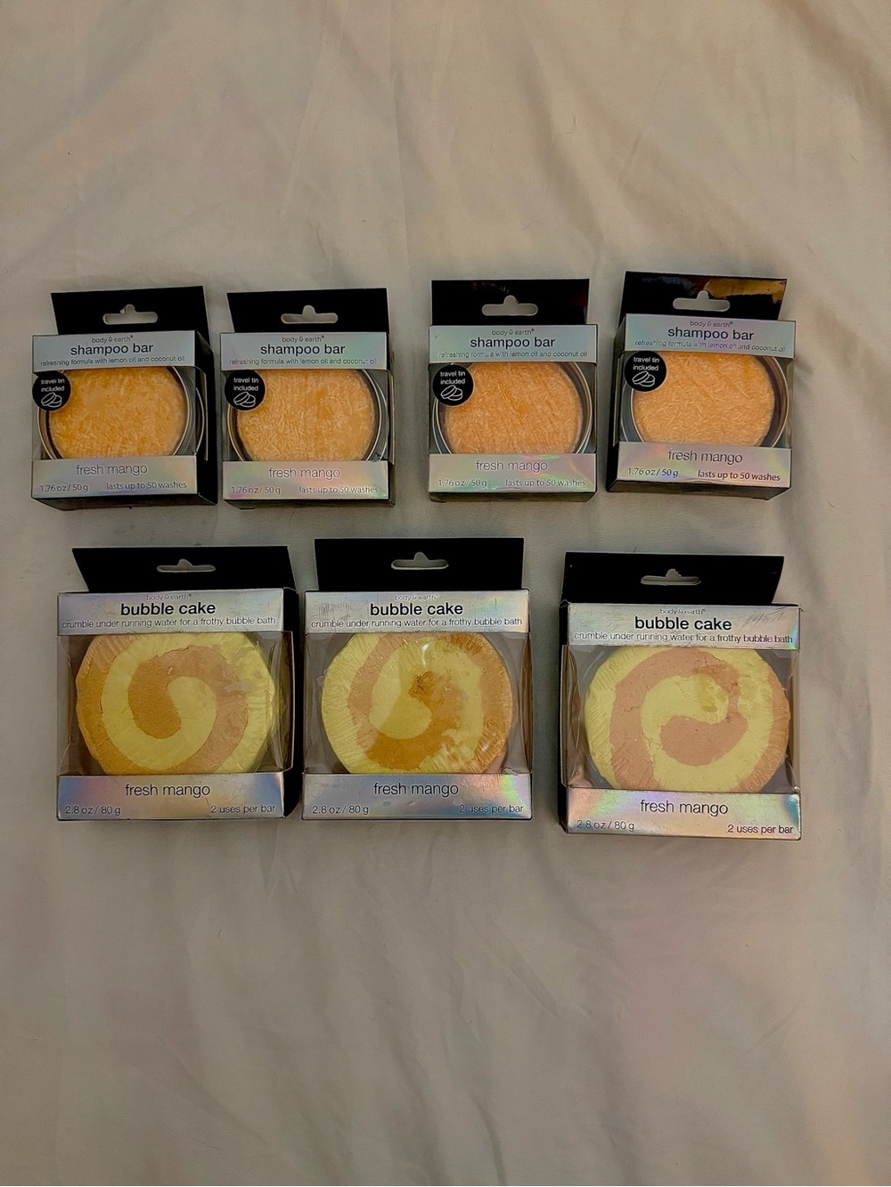 New Body & Earth Fresh Mango Scent Shampoo Bar & Bubble Cake 7pc Bath Care Lot